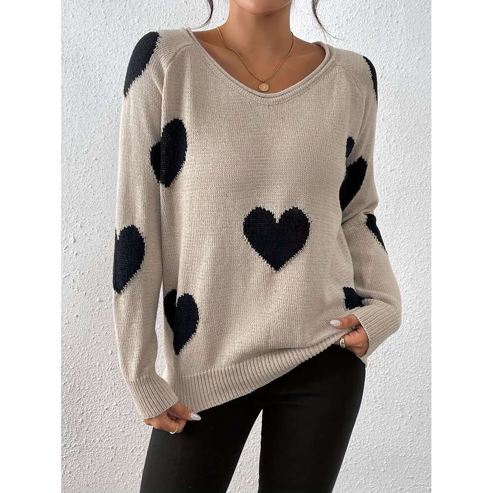 New Spring Autumn Stylish Casual Elegant V-Neck Pullover With Heart Jacquard Contrasting Colors, A Youthful And Chic Women's Knitted Long-Sleeve 