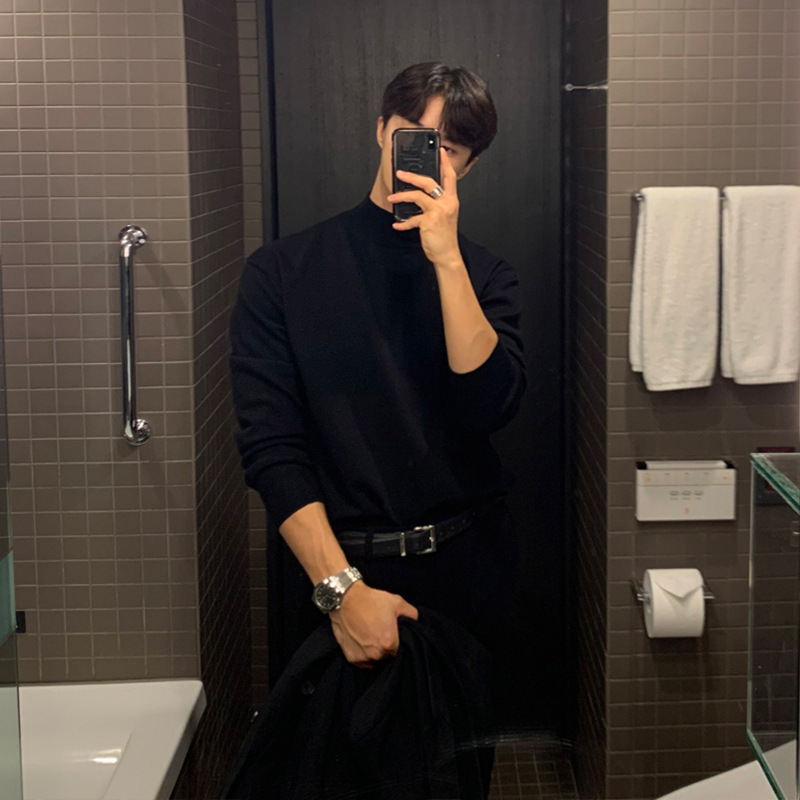 Spring And Autumn High-end Half turtleneck Sweater For Men Korean Style Designer Sweater Loose Casual Solid Color Mid-neck Knitted Base Shirt Long Sle