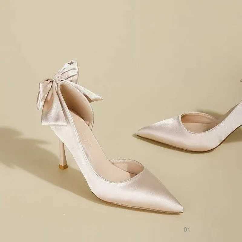 High Heel Single Shoes Summer New Pointed Head Satin Butterfly Knot Set Foot Antislip Wearresistant Heel ShoesXJ251027