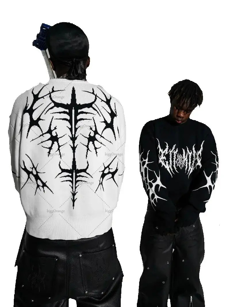 2025 High Street Trendy Streetwear Long Sleeve Gothic Punk Dark Graphic Knitted Sweater Men Hiphop Casual Oversized Pullover 251024