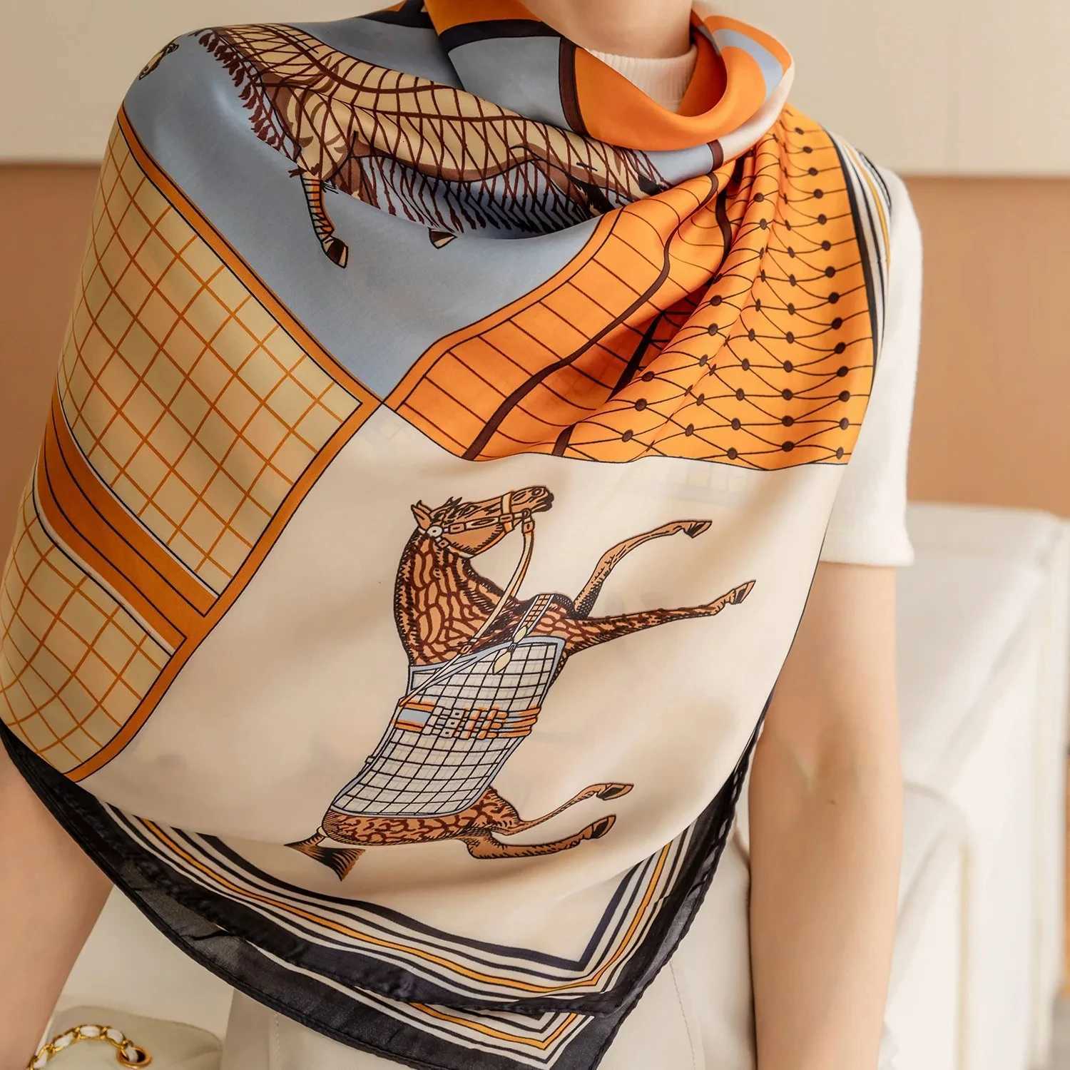 Luxury Horse Print Square Scarf Vintage Silklike Satin Shawl Scarf Wen Windproof Outdoor Wrap 110110cmW251027