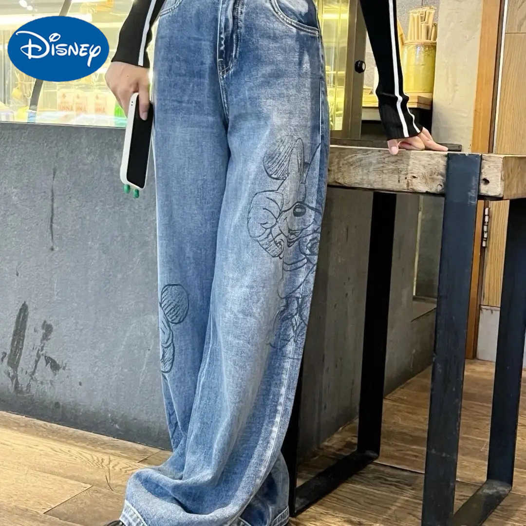 Disney Mickey Graffiti Print Loose Wide Leg Jeans Elastic High Waisted Straight Leg Pants Korean Version Fashion Versatile Pants H251027