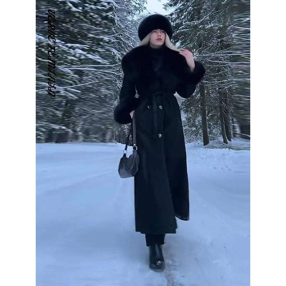 Women's Winter Coat Lapel Button Slim Faux Fur Spliced Woolen Overcoat Autumn 2025 With Belt Long Jackets Office Lady Outerwears