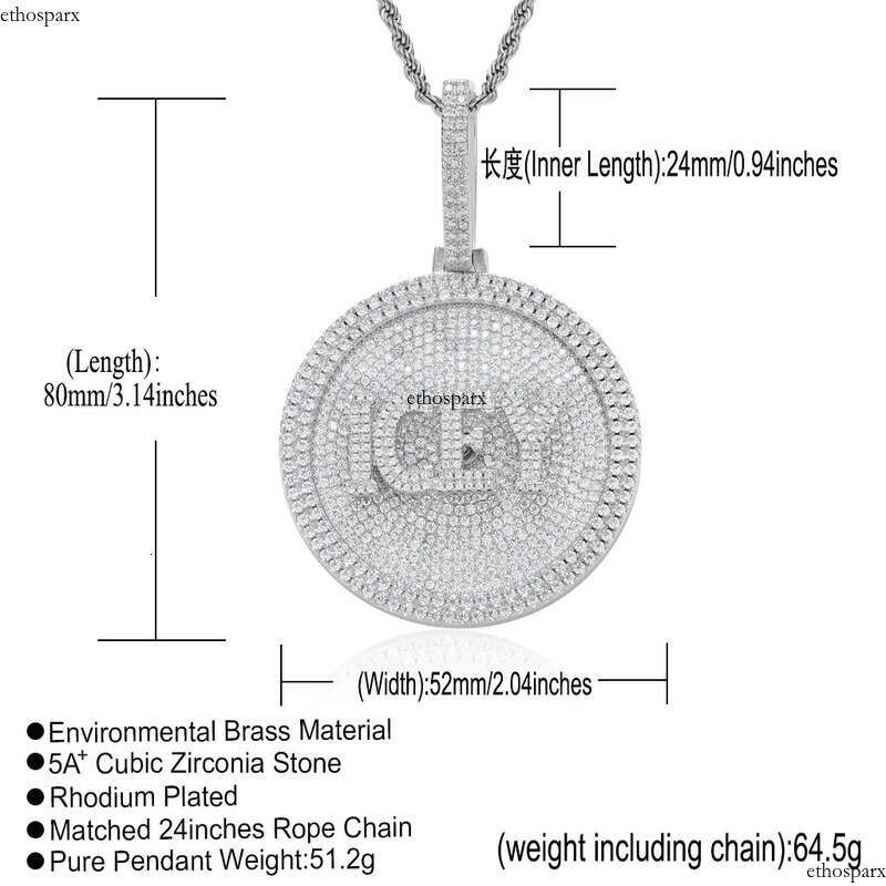 Hip Hop Custom A-Z Medium Size Disc Pendant Necklace Letters Rotatable Mens Jewelry