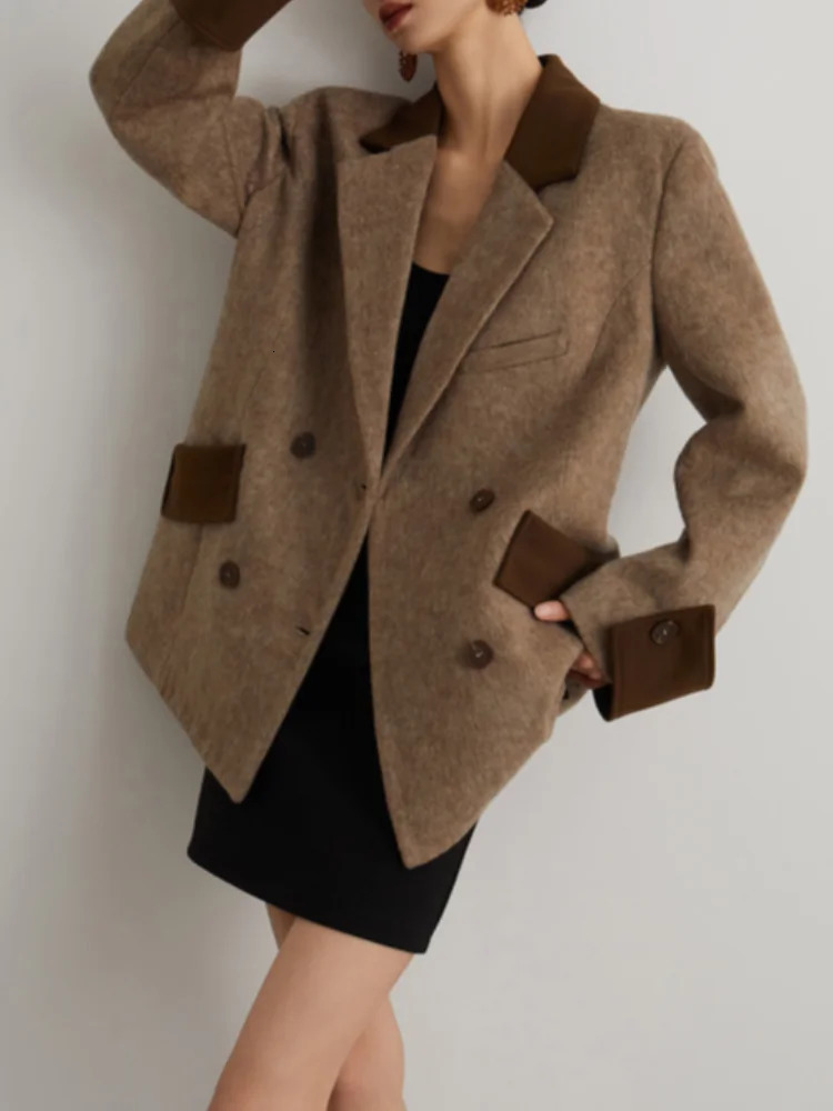 Panelled Patchwork Pockets Woolen Overcoat Women Vintage Turndown Collar Long Sleeve Double Breasted Coats Autumn Lady Tops 251024