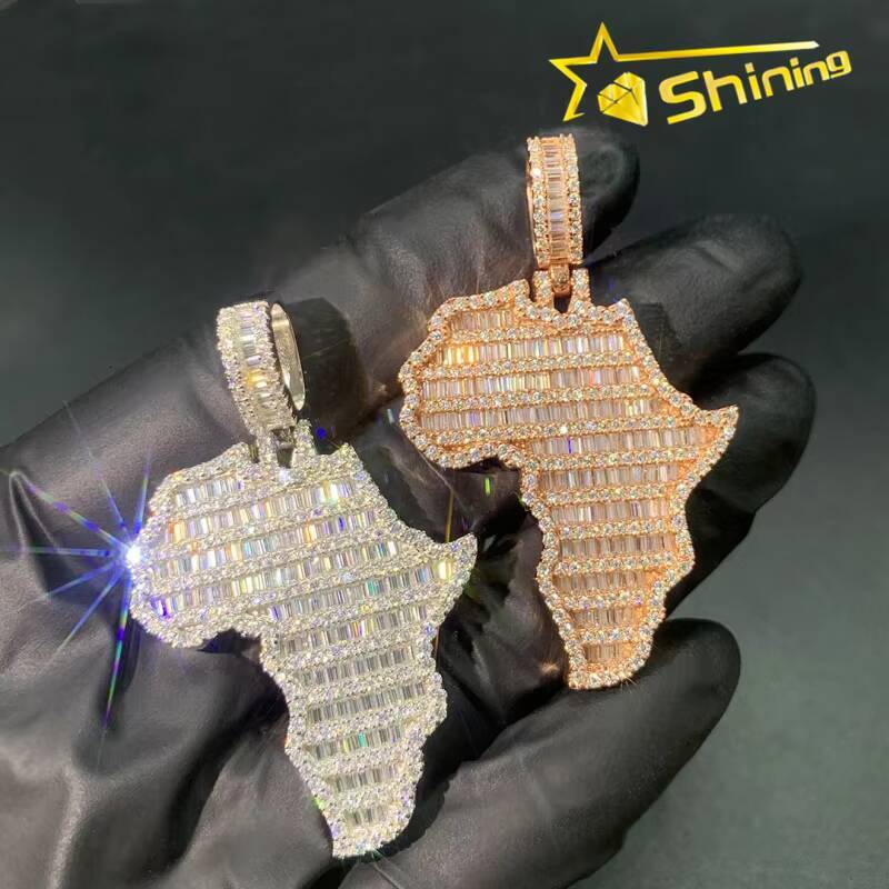 Hip Hop Map Moissanite Pendant Custom Iced Out 925 Sterling Silver VVS Moissanite Pendant Charms Necklace