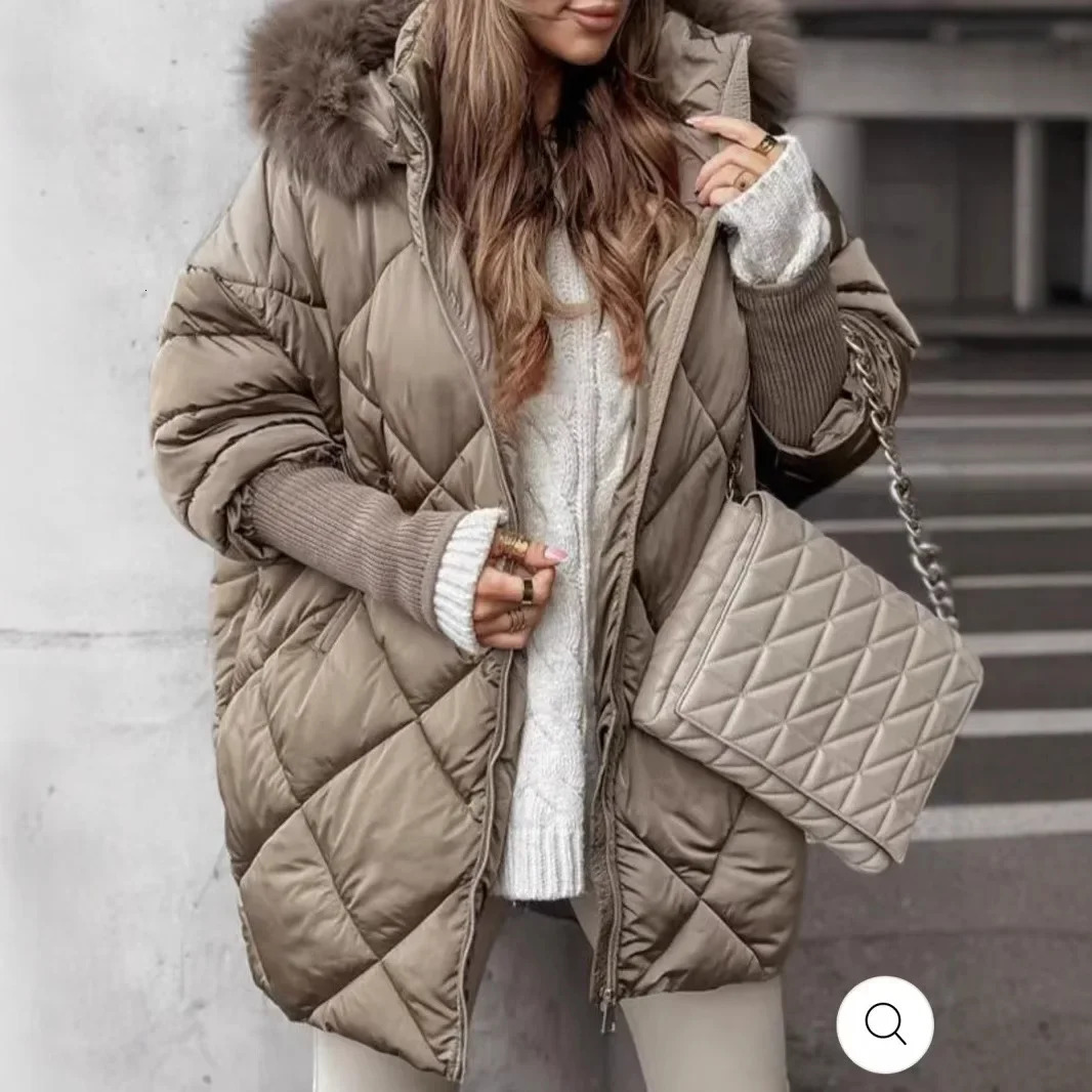 Hooded Cotton Winter Coat Women Street Fur Collar Overcoat Casual Thickened Zipper Warm Jacket Female Parka Tops Outerwear 251027