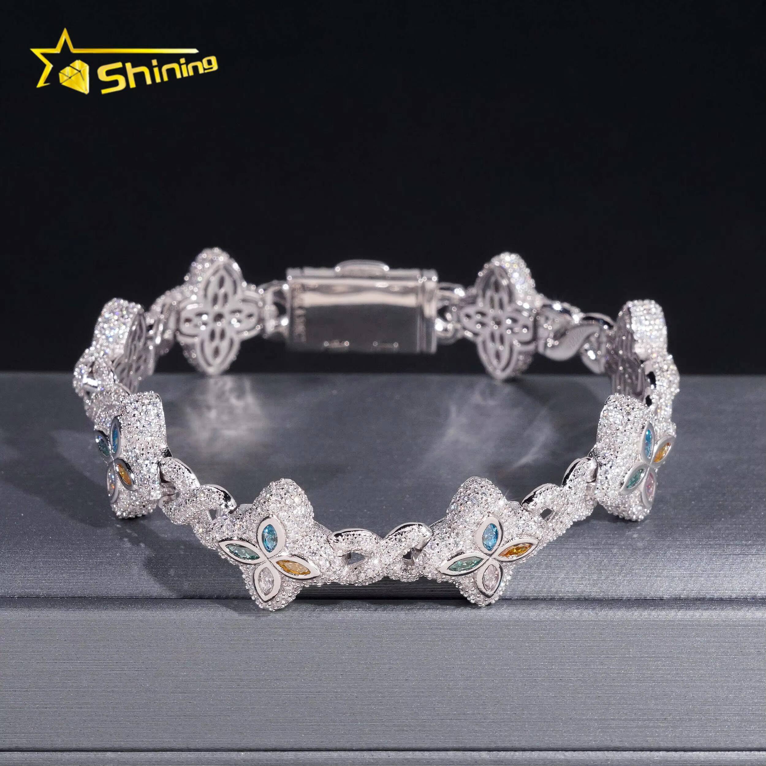 Custom Luxury Iced Out Hip Hop Moissanite Diamond 925 Silver Cuban Link Chain Bracelet Popular Colorful Flower Clover Bracelet