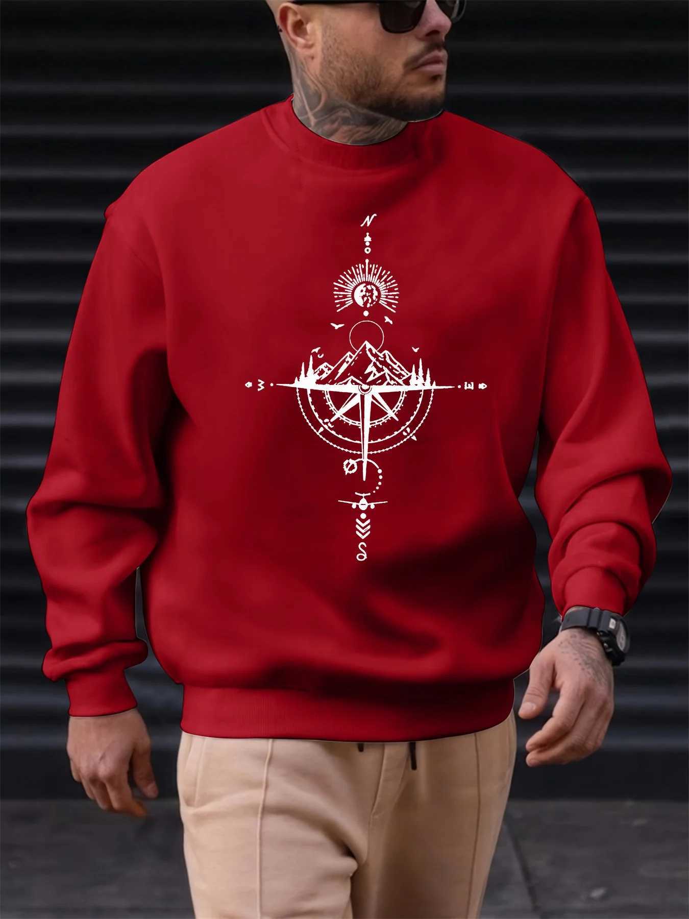 Mens autumn and winter fashionable casual loose compass and mountain graphic printed long sleeved round neck sweatshirt W251027