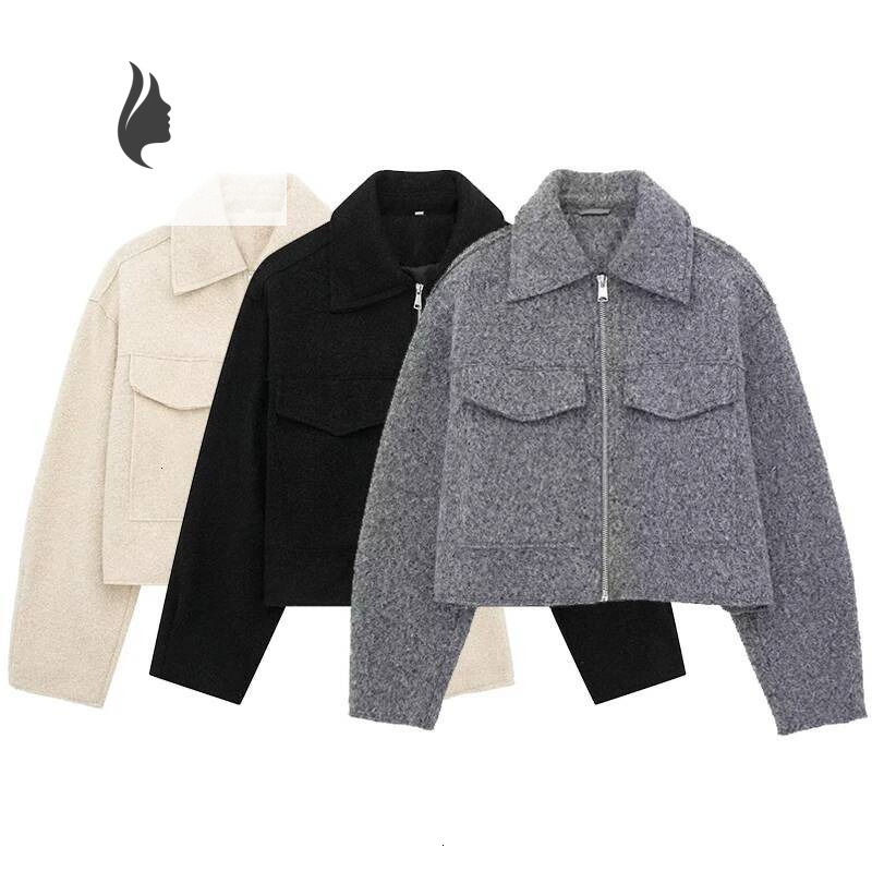 winter jacket women Willshela Women Fashion With Pockets Grey Front Zipper Jackets Vintage Lapel Neck Long Sleeves Female Chic Lady Outfits