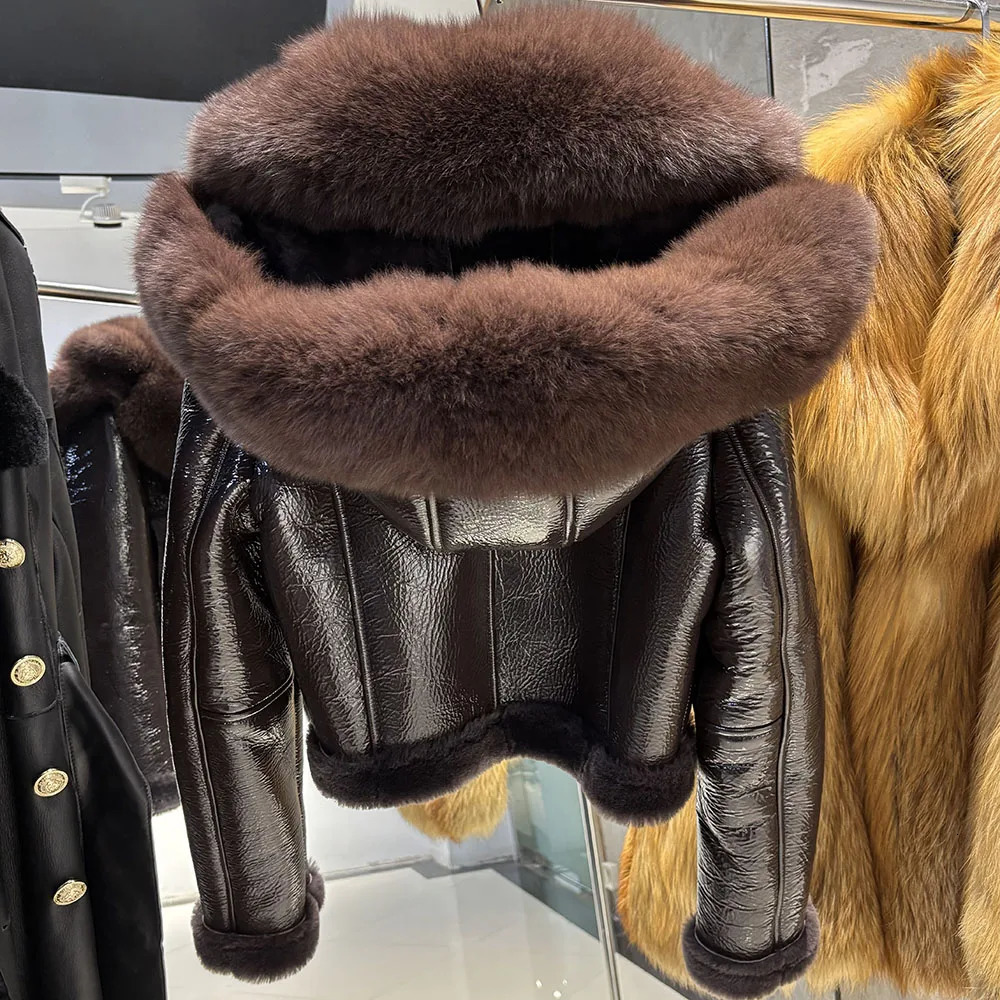 YOLOAgain Burgundy Shearling Jacket With Hood Women Winter Real Leather Coat 251027