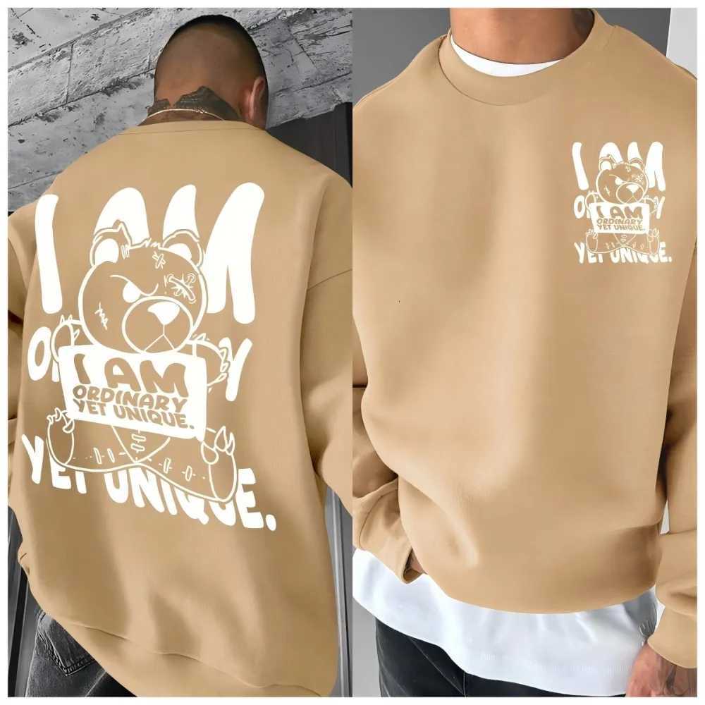 Autumn mens fashionable and personalized teddy bear letter print comfortable soft long sleeved pullover outdoor street top W251027