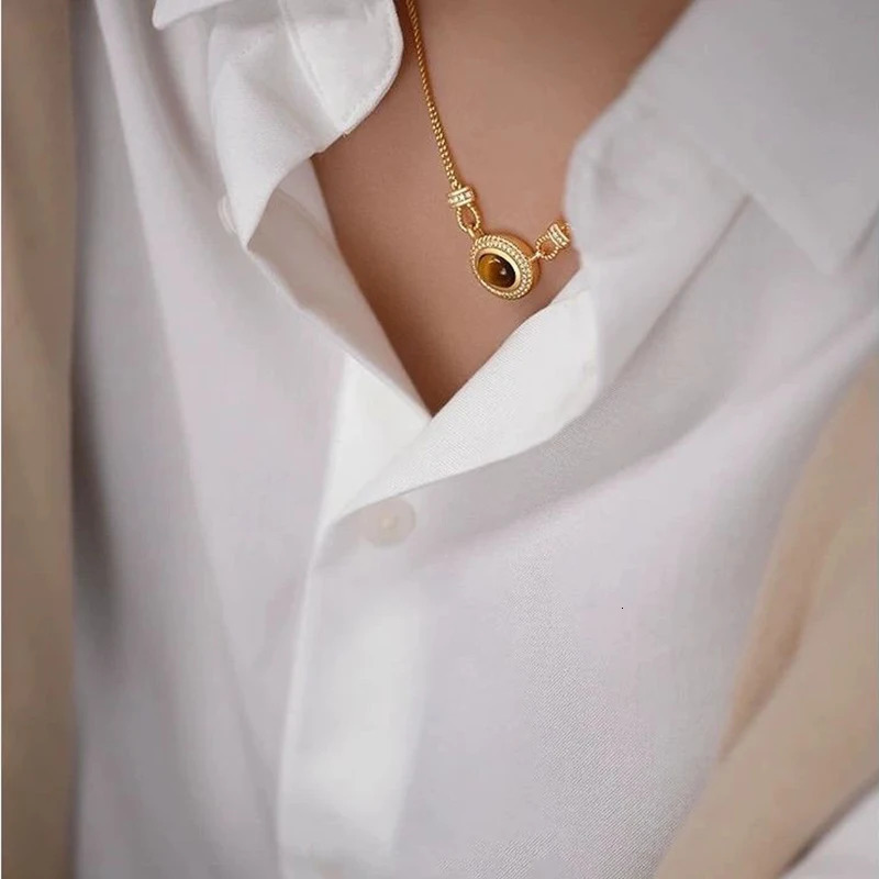 Exquisite Oval Tiger Eye Stone Pendant 18k Gold Plated Spaghetti Chain Women Necklace Daily Wear Jewelry Accessories 251023