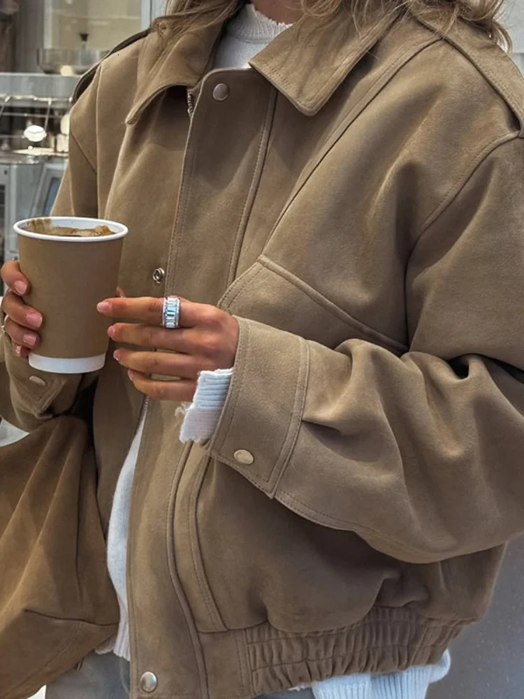 Autumn Winter Suede Leather Solid Jacket for Women Casual Long Sleeve Female Zipper Lapel Coats Vintage Lady Outwear Street 251027