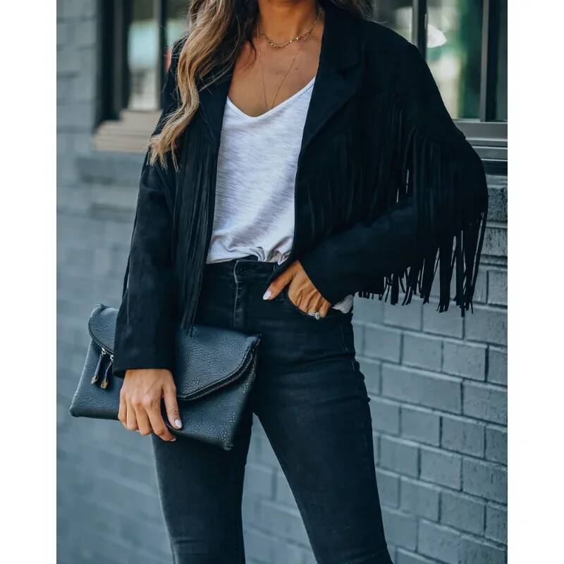 winter jacket women Fashion Winter Women Y2k Fringed Hem Tassel Cardigan Crop Topsr Suede Leather Jacket Vintage Streetwear Cool Coat