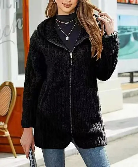 Plus Size Zip Up Teddy Coat Casual Hooded Warm Winter Outerwear With Pocket Womens Clothing 251027