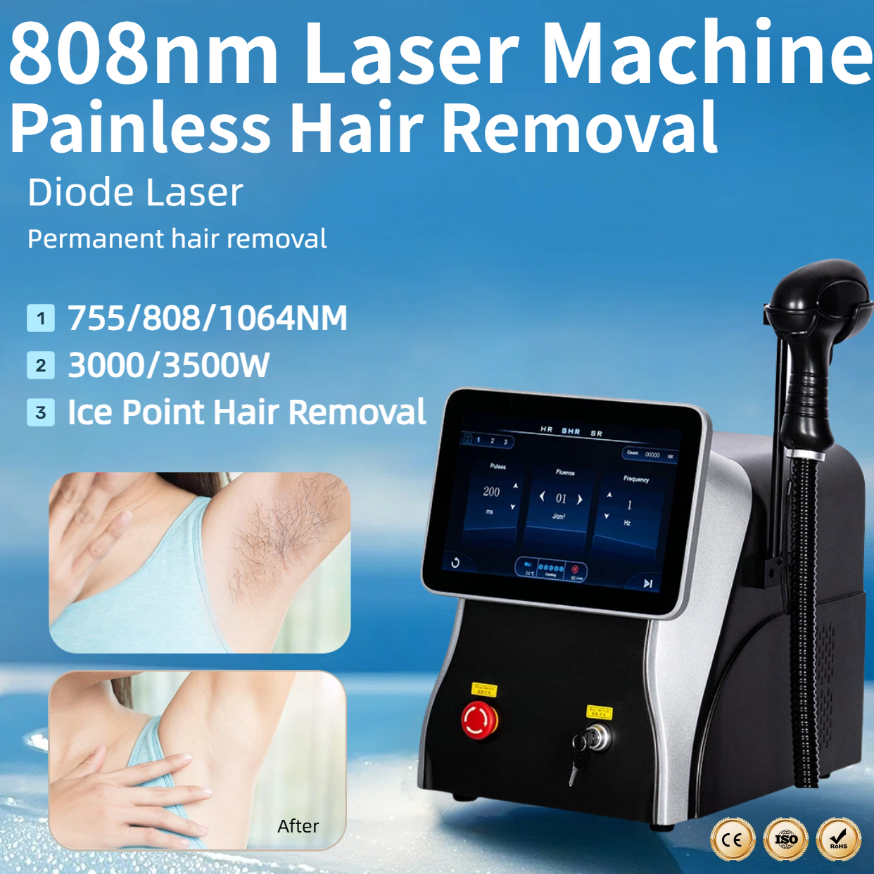 High-End Diode Laser Hair Removal Machine 808nm Laser 3 Wavelengths Alexandrit Permanent Painless Physical Underarm Body Care Depilation Equipment