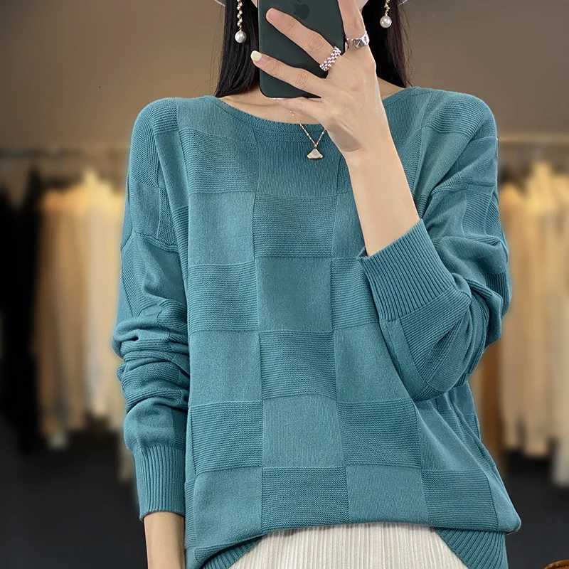 Autumn Winter New Women 100 Cotton Soft Sweater Round Collar Square Pattern Pullover Loose Fashion Knitwear Casual Base TopT251027