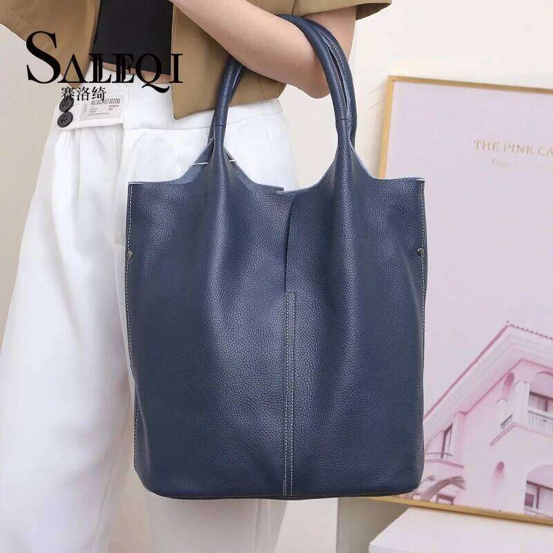 Genuine Leather Commuter Tote Designer Ladies Soft Cowhide Shoulder Handbag Capacity Women Large Bucket Bag