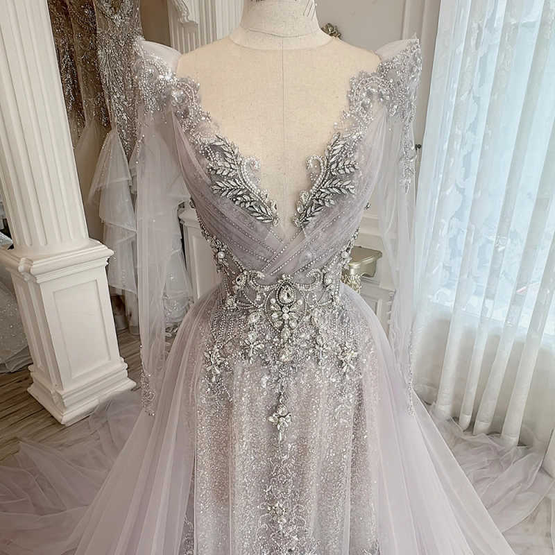 Shine A-Line Evening Dress Long Sleeve Prom Gowns Fashion Crystal Beads Satin Sexy Prom Dress vestidos de novia Size Customized Robes De Mariee L25281