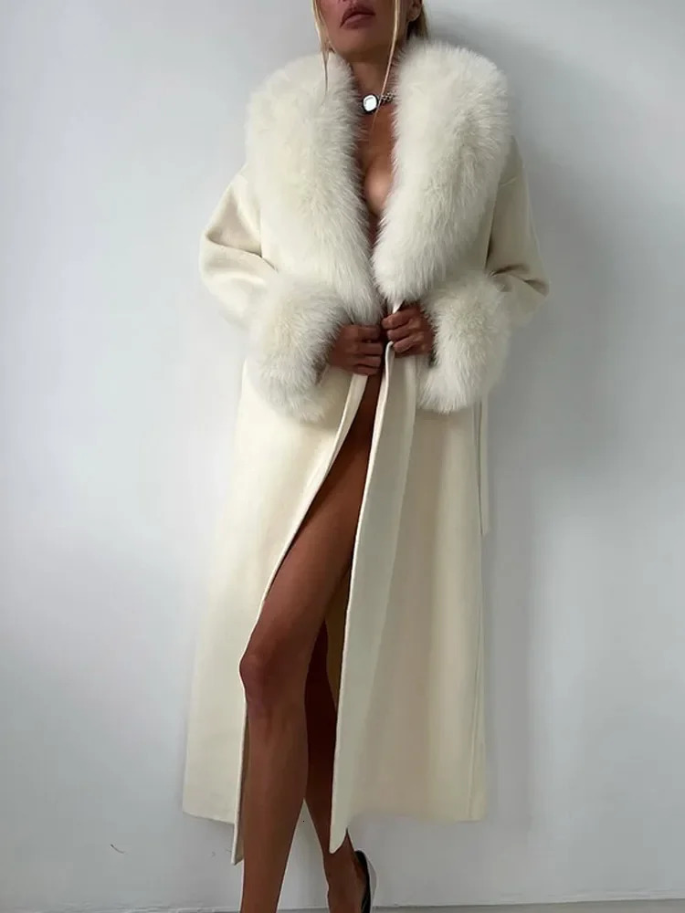 Women Fur Collar Patchwork Woolen Coat Chic Full Sleeve Vneck Lace Up Loose Long Coats Autumn Lady Commute Jacket 251024