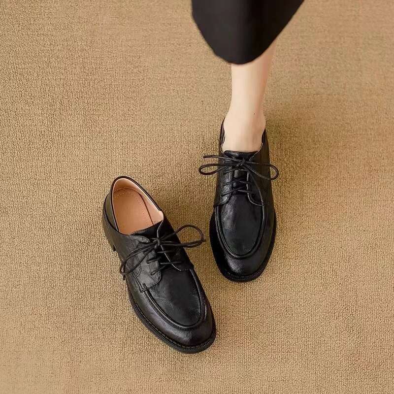 Genuine Leather Chunky Heel British Thick Sole 2024 Autumn Lace-up Black Commuter Shoes College Style Women's Loafers
