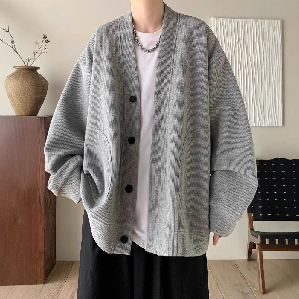 V-neck Waffle Jacket Lazy Style Spring And Autumn Handsome Men's Suit High-end Casual Designer Sweater Jacket For Men