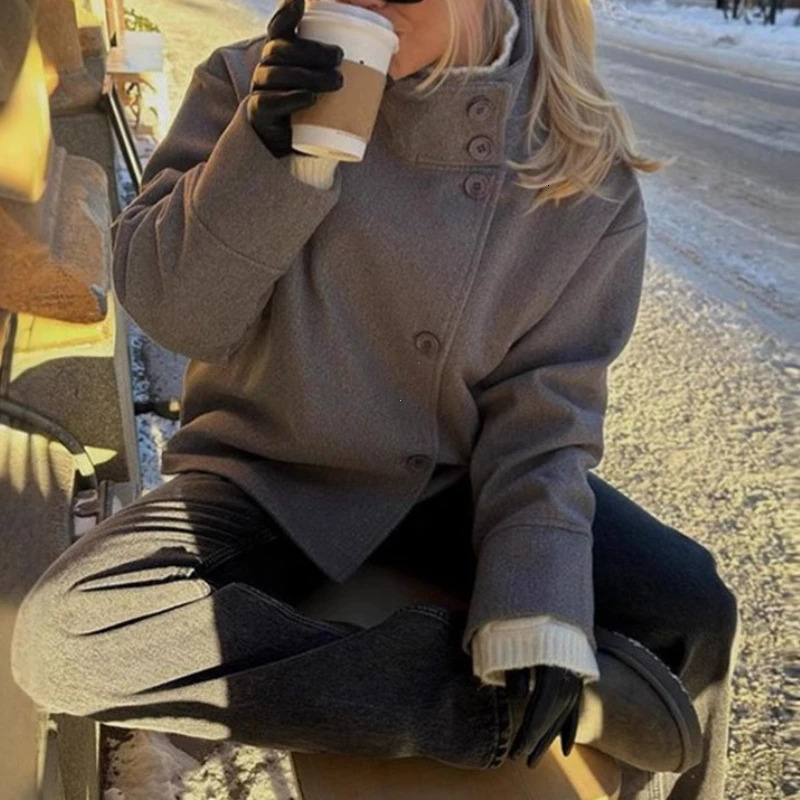 Stand Collar Women Winter Woolen Coats Spring Single Breasted Loose Female Long Sleeve Jacket Office Lady Street Short Coat 251027