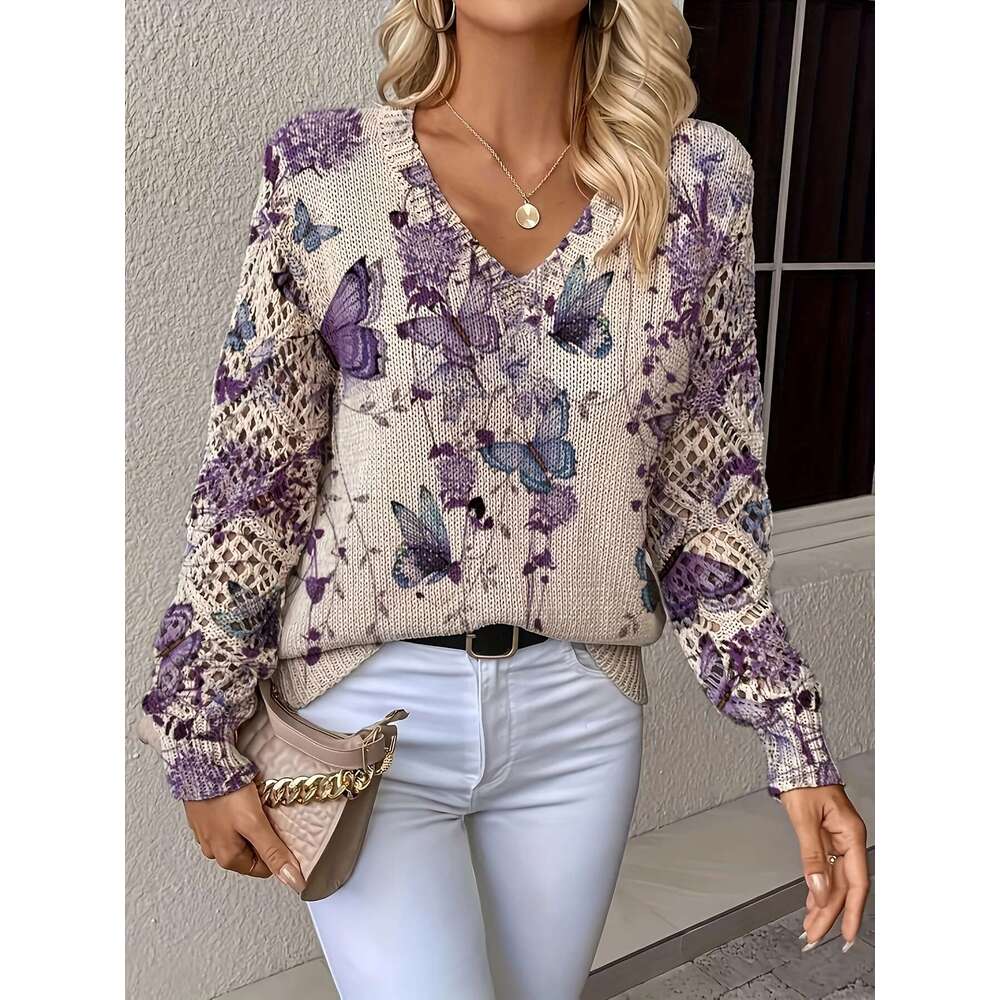 Graceful Autumn Winter, Spring Summer, Four-Season Style, Bohemian Fashion, Trendy Versatile V-Neck Long-Sleeve Women's Top With Butterfly Patter