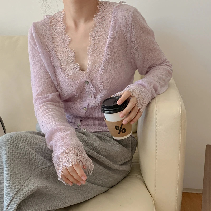 Highfashion Kawaii Botton Up Lace Patchwork Knitted Cardigan Women Autumn Winter Ladies Elegant Vintage Sweater Wholesale 251027