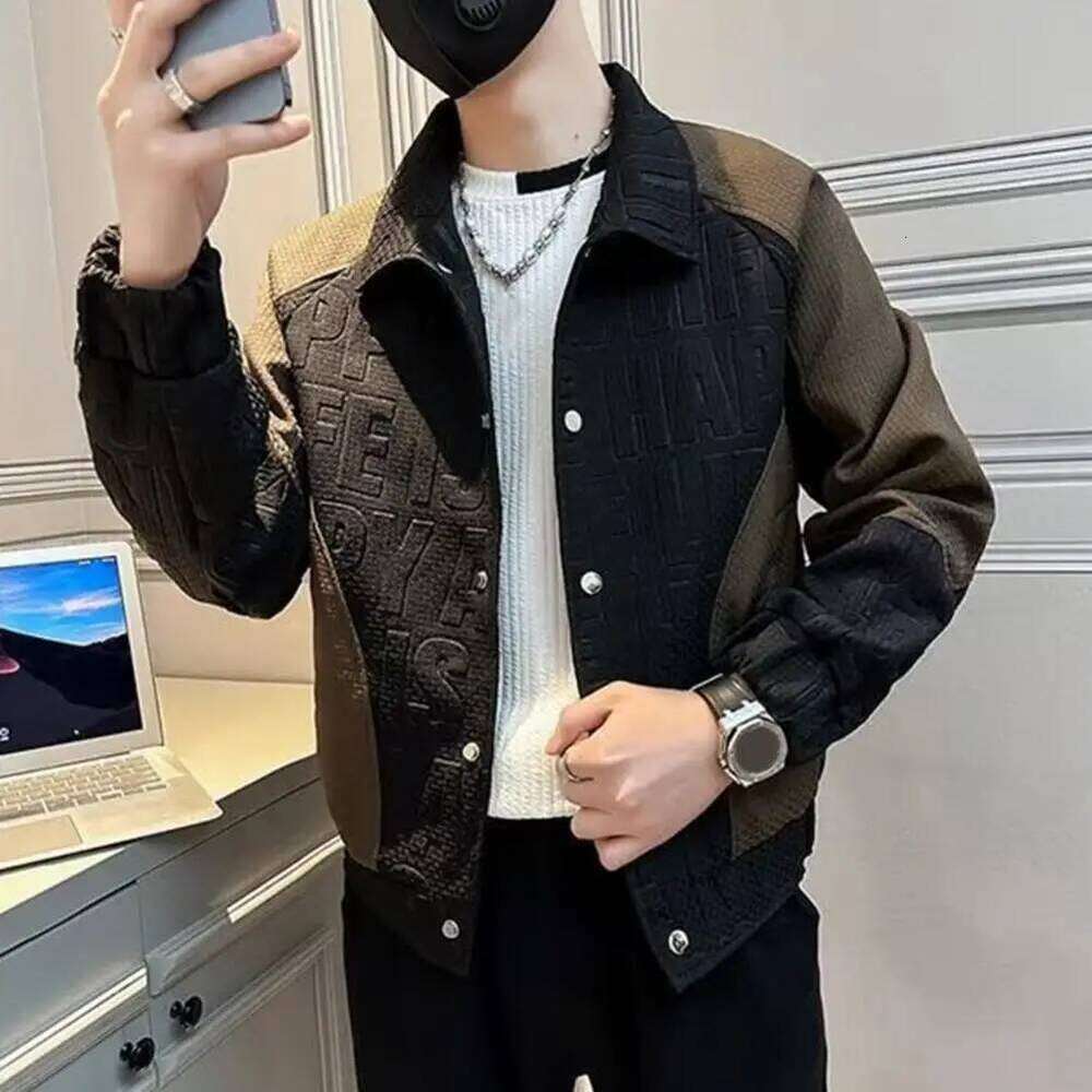 Men Lapel Long Sleeve Coat Hip Hop Style Windproof Design Color-Blocked Jacket with 3D Letter Pattern