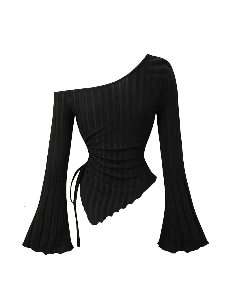 womens off shoulder cross long sleeved slim fit casual street style asymmetrical elegant Tshirt trumpet sleeve top 251027