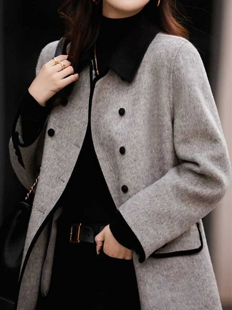 Onecozyday Womens Grey Double Breasted Coat Notched Collar Long Sleeves Loose Fit Outerwears 2025 Fall New Tweed Coats M251027