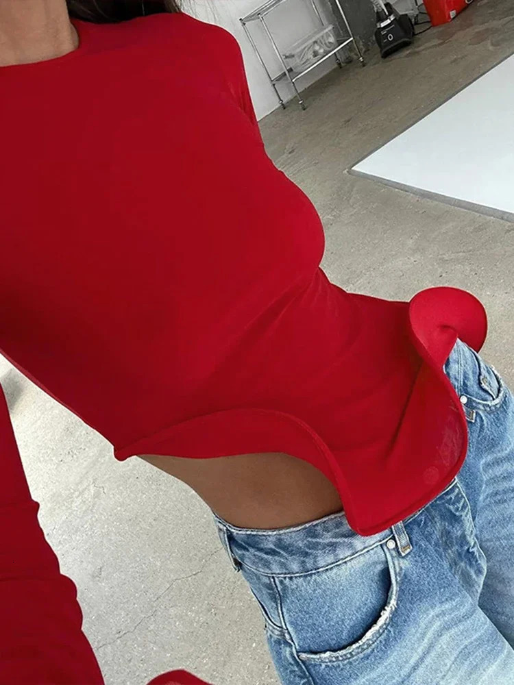 Trendix Slim Long Sleeve Ruffle Tshirts Women Fashion Patchwork Solid Asymmetry Tshirts Ladies Fashion Y2k Solid Top Femme 251027