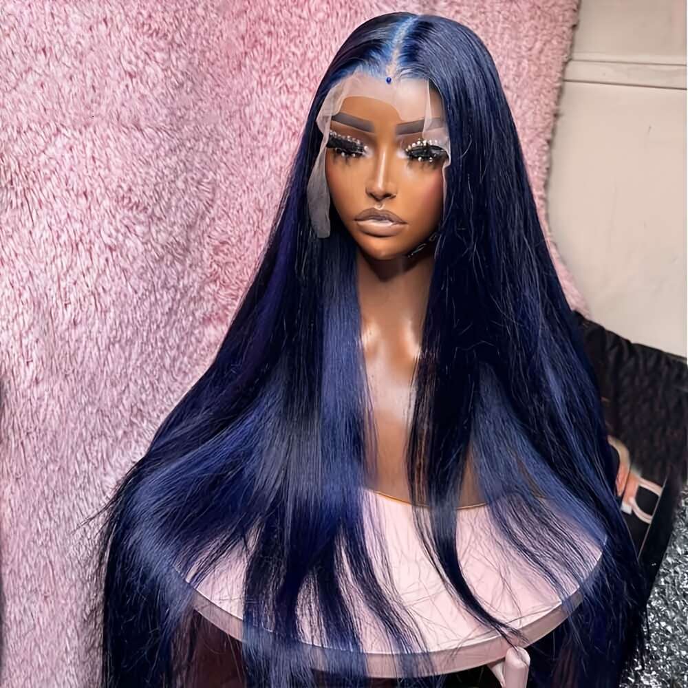 Long Dark Blue Navy Synthetic Wig Heat Resistant Up Glueless Lace Front Preplucked Hairline 180% Density Voluminous Straight Hair For