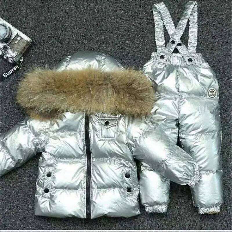 New Winter Kids Boutique Clothing 2 Pieces Sets Down Jacket Suspender Trousers Big Fur Collar Warm Soft Unisex Ski Suit