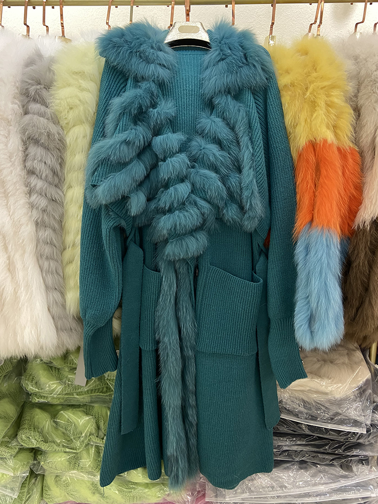 New Sweater Splicing Fox Fur Cardigan European American Coat Lady Autumn Winter Long Knit Trench Coat Temperament Women