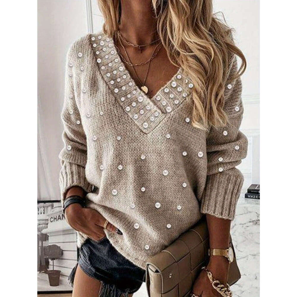 Beaded Decor Long Sleeve Sweater, Elegant Solid Color Drop Shoulder V Neck Sweater For Winter & Fall, Women's Clothing