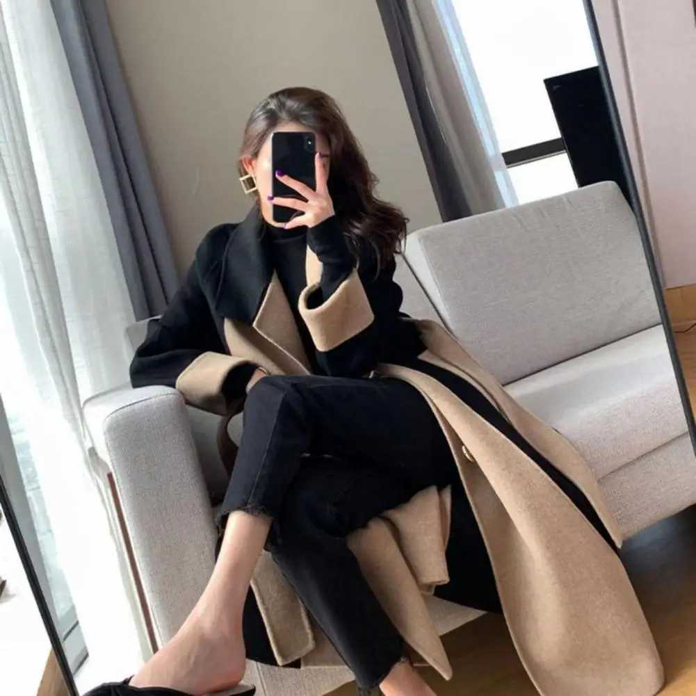 Doublebreasted Woolen Coat With Belt Elegant Autumnwinter Slimming Mid Length Color Blocked Women Windbreaker Woolen Coat M251027