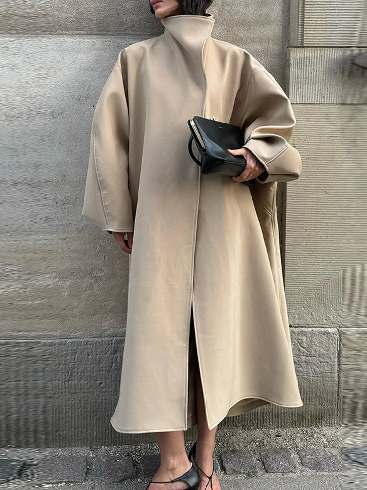 Chic Stand Collar Long Woolen Coat Women Puff Sleeve Single Breasted Loose Warm Overcoat Autumn Winter Lady Outwear 251024
