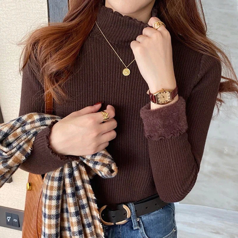 Autumn Winter Women Ruffles Mock Neck Sweater Thicken Fleece Warm Thermal Pullover For Women Cashmere Sweater 251027