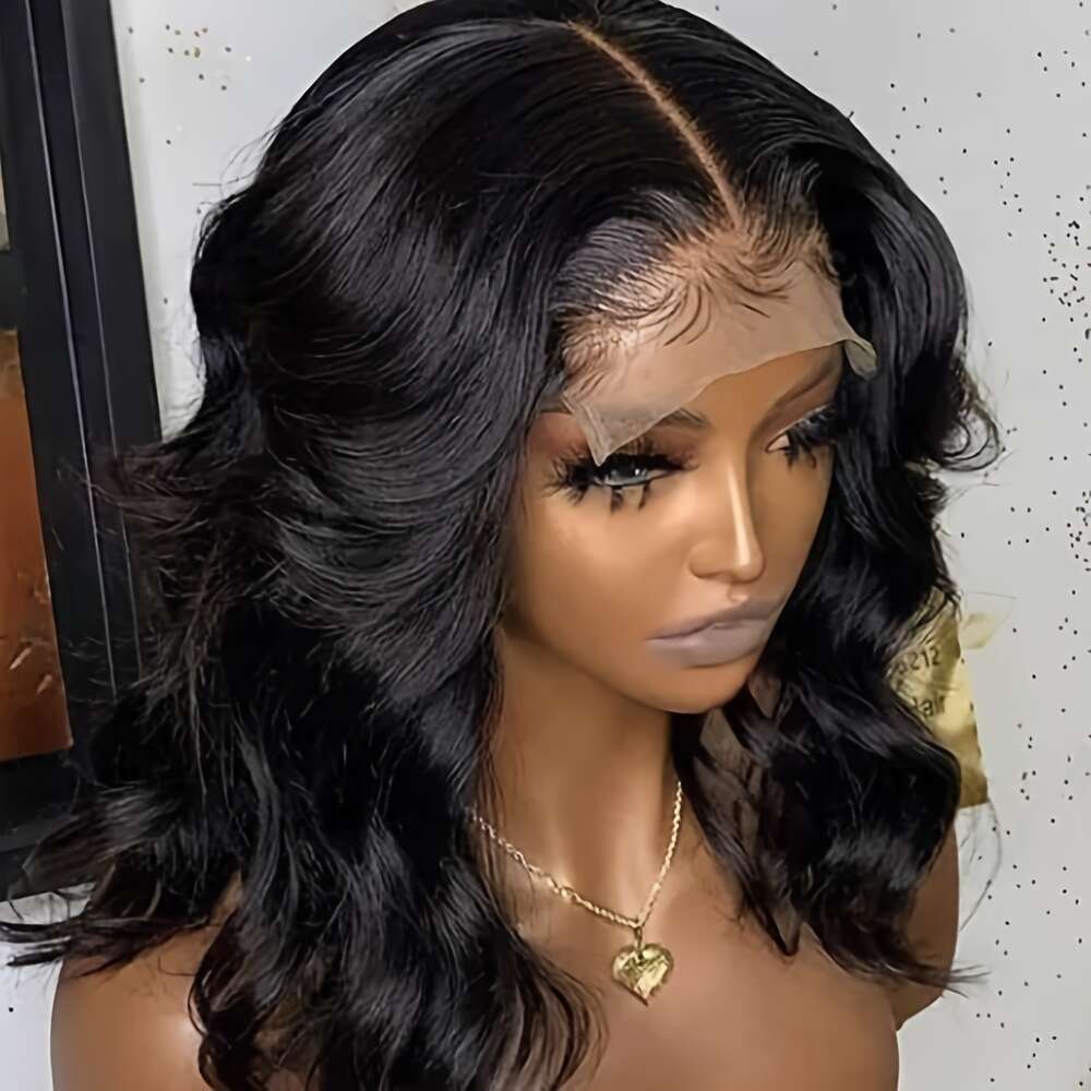 Short Wavy Bob Wigs Black Color Hair 13X4 Free Part 16 Inch Body Wave Synthetic Lace Front Wig Shoulder Length Glueless Pre Plucked For Women Daily Wo