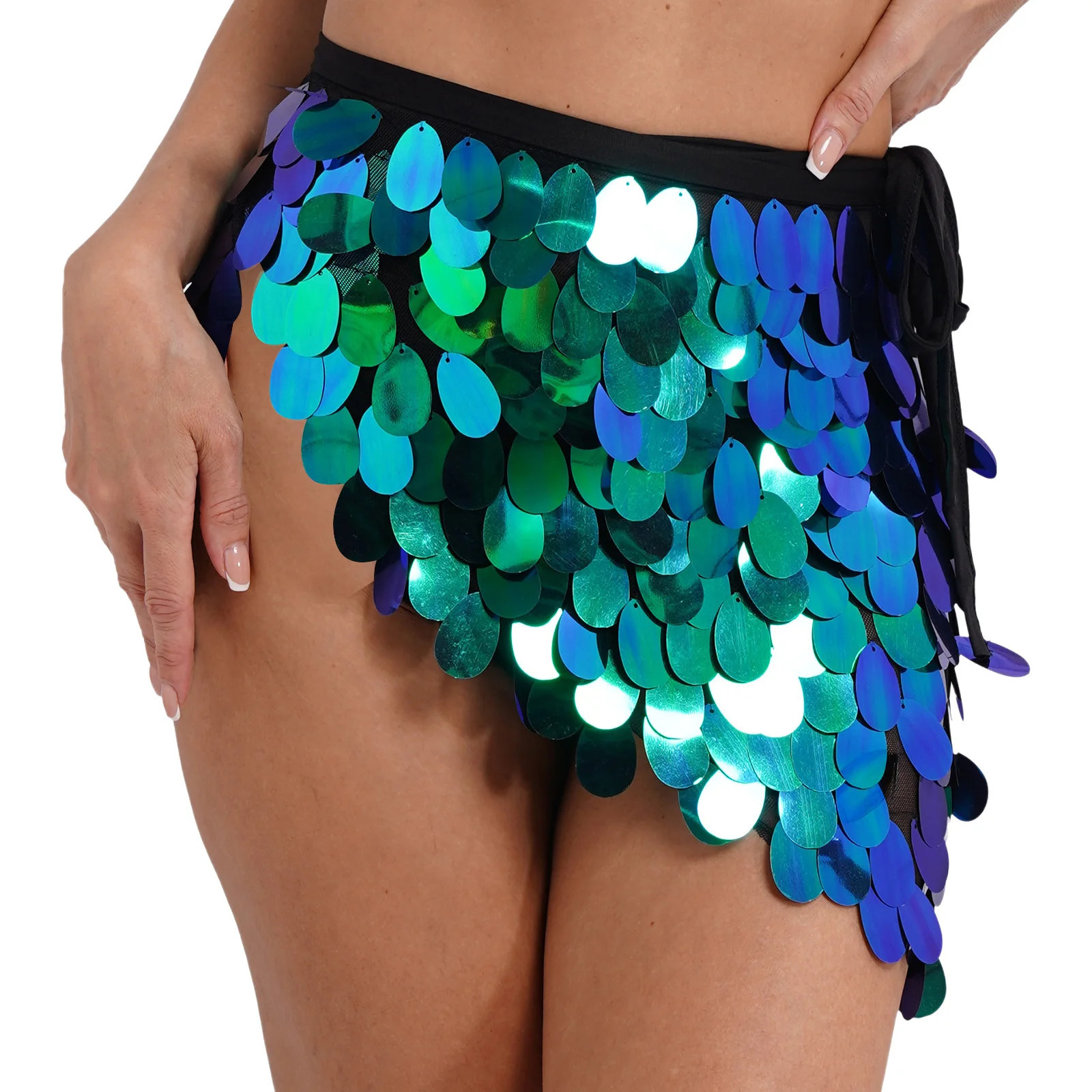 Womens Sequins Dance Skirt LaceUp Mermaid Hip Scarf Wrap Long Belly Festival Stage Performance Costumes 251027