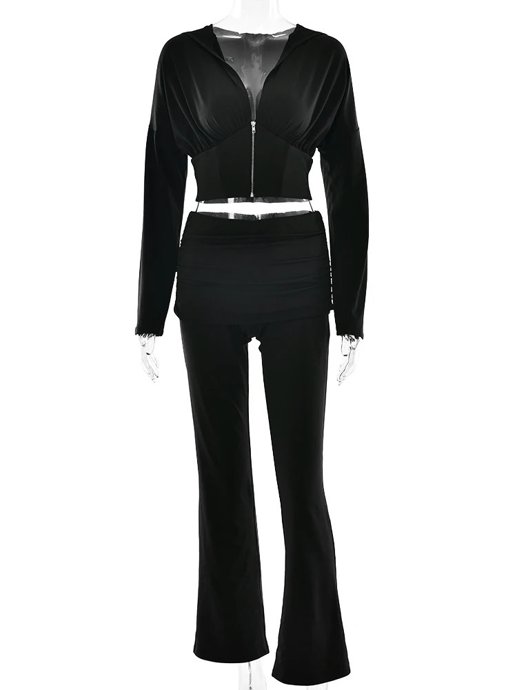Oniflyme Fall Casual 2 Piece Pants Set Women Zipper Long Sleeve Hooded Crop Coats Flare Suits Sexy Ruched Matching Outfits 251027