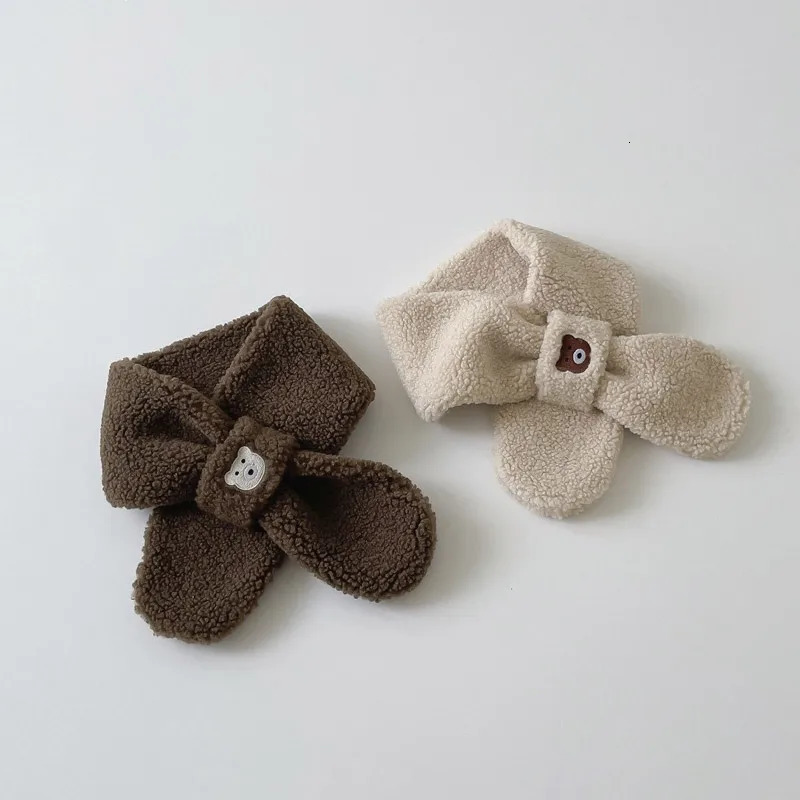Cute Bear Baby Scarf Solid Color Cartoon Plush Neckerchief for Boy Girl Winter Warm Thicken Lamb Fleece Kids Cross Scarves 251027