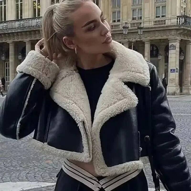 winter jacket women Women's Cropped Coat Black Wool Blends Coats Bomber Tweed Autumn Winter Leather and Fur Crop Jacket