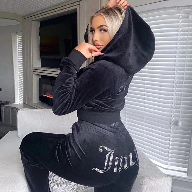 Women's Two Piece Pants Personalized Velvet Hooded Rhinestone Long Sleeved Top Elastic Waist Wide Leg Autumn Winter Womens Fashionable C260312