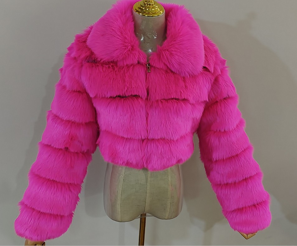Fashion Women's Faux Fur Coat Lapel Zipper Long Sleeves Loose Thick Imitation Fur Short Jacket Winter