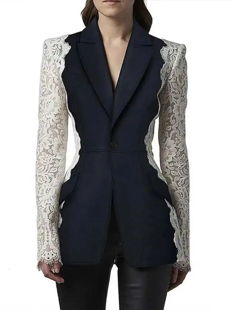 DEAT Fashion Womens Blazer Notched Lace Patchwork Long Sleeve Contrast Suit Jackets Female Spring 17A1298 251027