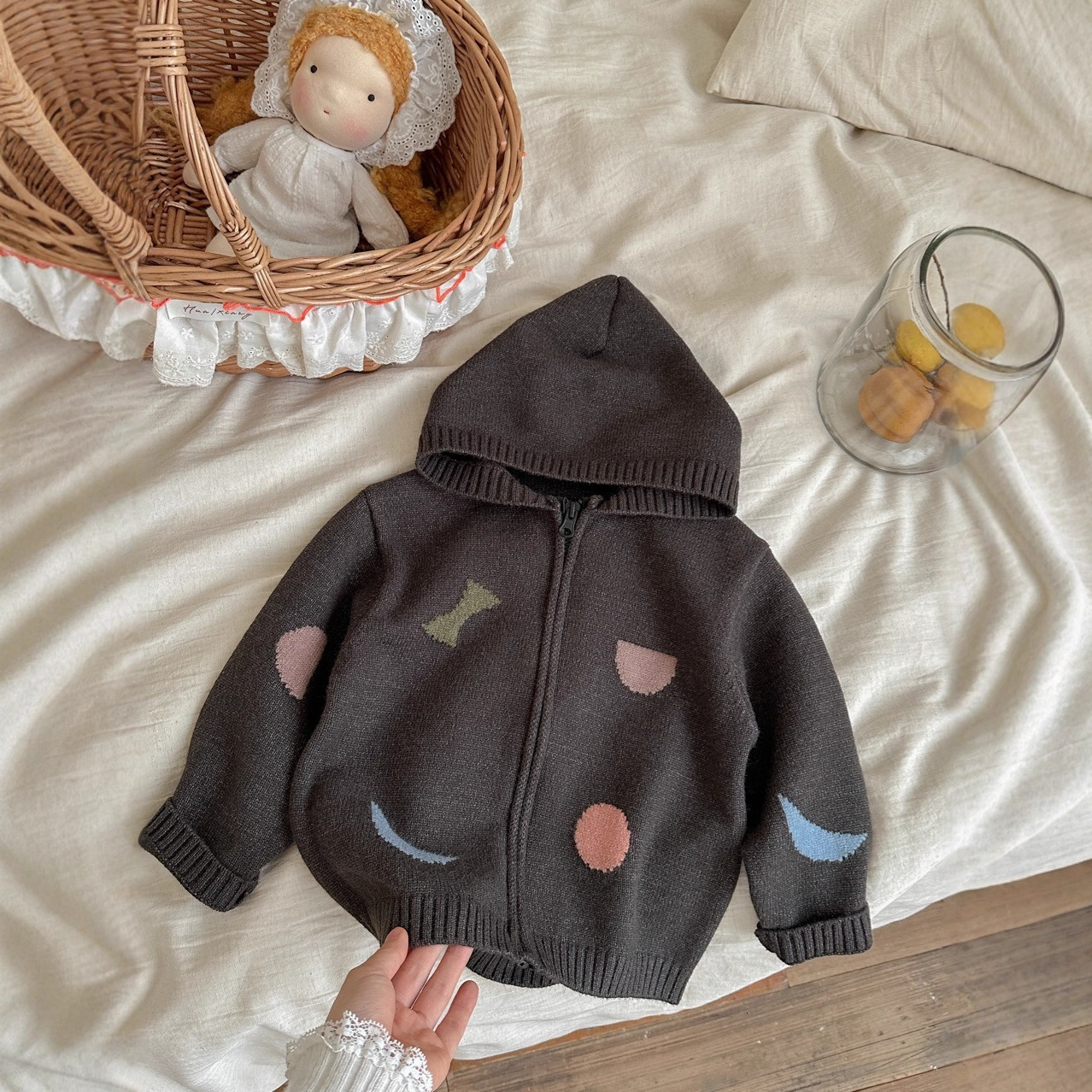 New Designer Geometric Pattern Sweater Korean Edition Autumn and Winter Boys' and Girls' Top Boys' Zipper Hooded Cardigan Sweater Fashi